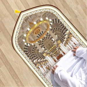VIKAMA Exquisite Gold-Patterned Muslim Prayer Rug with Tassels Non-Slip Prayer Mat Religious Activity-Specific Kneeling Mat