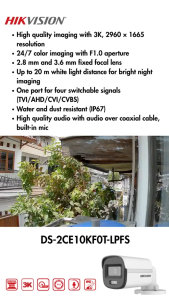 DS-2CE10KF0T-LPFS - HIKVISION TurboHD 3K ColorVu Audio Camera