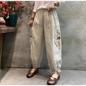 Womens Cotton Linen Lantern Pants Summer 2026 New Embroidery Loose Versatile Slimming Casual Harlan Pants Nine Point Pants