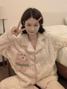 Thickened Coral Fleece Womens Sleepwear Set Home Clothes Long Sleeve Cartoon Open Cardigan Home Suit Hanqianuo Brand