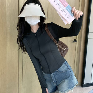 White Ice Silk Womens Summer Slim Fit Sport Yoga Sun Protection Suit Thin Outerwear Top Zipper Closure Long Sleeve Hoodie