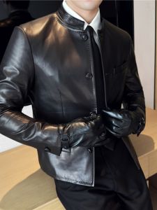 New Chinese Style Mens Slim Fit Casual Leather Jacket Stand Collar Trendy Autumn Winter PU Coat Button Decor Anti-Wrinkle
