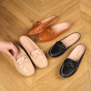 LEYA Womens Durable Loafer Half Flat Shoes Ribbon Style #8844 Girl Footwear Beige Leather Classic Round Toe Comfortable & Stylish Gift for Loved Ones