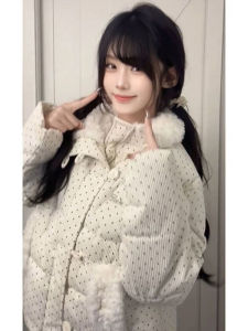 Cute Polka Dot Fur Collar Cotton Jacket Womens Korean Style Design Retro Short Warm Outerwear Versatile College Trend Sweetness