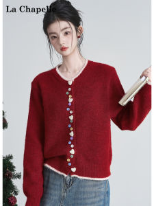 La Chapelle | Áo Knit Cổ Tròn Có Khóa Tim Đỏ Giáng Sinh