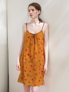 XEXZ | ชุดนอนผ้ากำมะหยี่ผสมผ้าฝ้ายพิมพ์ลายเซ็กซี่ สายเดี่ยว กระโปรงสั้น แขนกุด คอตั้ง ชุดนอนฤดูร้อนสำหรับผู้หญิงวัยรุ่น