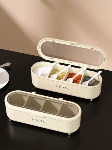 URORU ชุดรวมกล่องปรุงรสของใช้ในครัวเกรดอาหารเกลือและผงชูรสสี่ช่องถังเก็บเครื่องปรุงรสในตัว