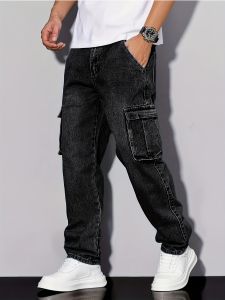 Mens Loose Fit Washed Denim Cargo Pants with Large Pockets Street Style Casual Jeans Suitable for Casual Wear
