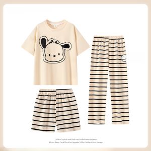 miiow | Cat Person 2025 New Childrens Summer Sleepwear Thin Breathable Short Sleeve Shorts Pants Home Clothes Three-piece Set For Girls