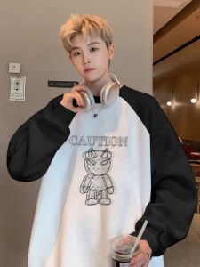 American Style Heavyweight round Neck Sweatshirt Mens Spring Autumn Trendy Loose Youthful Versatile Color Block Top Coat