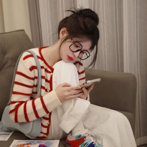 BINKAFENNY | French Style Red Striped Knitted Sweater Loose Fitting Slimming Short for Petite Women