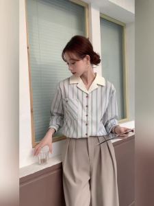 AMMIN 2025 Spring and autumn new color contrast patchwork shirt collar fashion vintage color matching striped print long sleeve chiffon shirt womans Korean style pocket single breasted elegant blouse