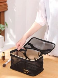 Ladies Travel Cosmetic Bags Black Mesh Makeup Bag Large Capacity Portable Travel Organizer Toiletry Bag
