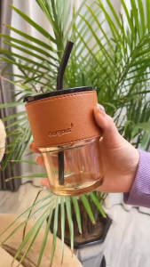 แก้วน้ำ แก้วน้ำ 450มล. ถ้วยกาแฟสไตล์เรียบง่าย พร้อมหลอดแก้ว ฝาปิด ฝาปิดซิลิโคนทนความร้อน