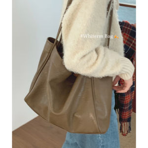 Retro Large Capacity Soft Tote Bag Womens Fashion College Style Shopping Bag Korean Pure Color PU Leather Magnetic Buckle
