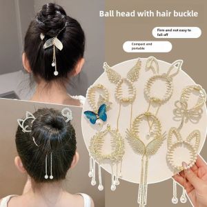 Kids Bun Hair Clip Grip Back Head Fixed Updo Gadget Barrettes Little Girl Tassel Hair Band Headdress