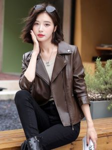 Fall 2025 New Style Haifeng Genuine Leather Jacket Short Motorcycle Suit Collar Womens Slim Fit Zipper Closure Long Sleeve Coat