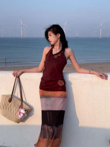 YUEZHONGWEI | French V-neck Knitted Halter Vest Women Summer Outerwear Slim Fit Sleeveless Top Commute Style Mid-Length Pure Color Casual Wear