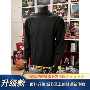 เสื้อยืดแขนยาวผู้ชายผ้าฝ้ายแท้สไตล์อเมริกัน ทรงหลวม ปกเล็ก สีดำ ทรงเข้ารูป เสื้อชั้นใน แฟชั่นฤดูใบไม้ร่วง