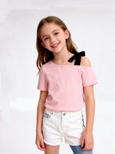 Summer New Girls Short Sleeved Off Shoulder Solid Color Casual T-Shirt Fashionable And Versatile Design Sense Fashionable Top