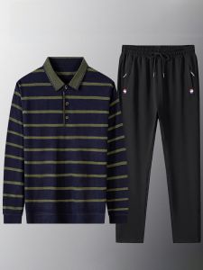 ROMON | Lomond Mens Casual Sports Set Autumn New Style Middle-aged Dad Striped Long-sleeve Polo Shirt Two-piece Set Polyester Fiber