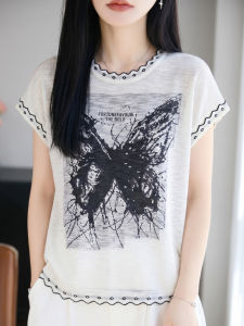 YUEXINYIRONG | French Bamboo Stripe Color Block Butterfly Print Sleeve T-shirt