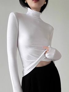 เสื้อยืดคอตั้งทรงเข้ารูปสีขาว แขนยาว ทรงเข้ารูป สำหรับผู้หญิง ช่วงฤดูหนาว เสื้อเชิ้ตคอตั้งทรงเข้ารูป แฟชั่นสตรีท ลำลอง