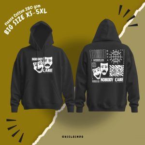 Hoodie Jumper Sweater Pocket Black Colour Nobody Care Big Size XS-5XL Bahan Fleece Katun