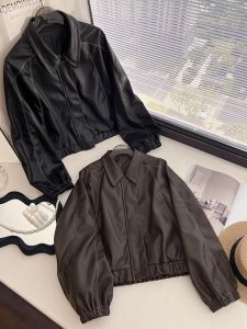 Soft Protein Leather Retro Hong Kong Style Short Casual Loose Womens Jacket Coat Zipper Closure Commute Style Long Sleeve