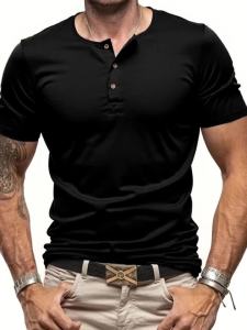 Mens Henley Neck T-shirts Summer Casual Beach Short Sleeve Solid Color Male Basic Tops Slim Fit Button Neck Vintage Streetwear