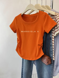 Ôm Vừa Vặn Áo Thun Cổ Chữ U Tay Ngắn Nữ Thời Trang Mùa Hè Thiết Kế Màu Bí Ngô Áo Cotton Vải Bông Quần Áo Bảo Hộ Lao Động In 3d Phối Vải