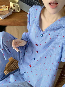 Blue Plaid Cotton Pajamas Womens Long Sleeve Doll Collar Home Clothes Set Sweet Princess Style Long Pants Comfortable Sleepwear