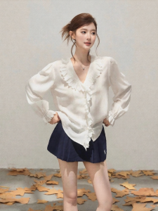 THROUS |Áo sơ mi dài tay cổ chữ V xếp ly Có Viền Ren