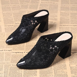 Fashionable High Heel Sandals Womens Summer New Style Diamond Hollow out Mesh Leather Wrap Toe Semi Slippers Breathable Slip-On