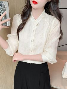New Chinese Style Stand Collar Long Sleeve Lace Patchwork Dark Pattern Embroidery Womens Shirt Autumn Fashion 2025