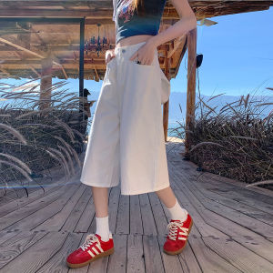 QIAOMIDUO | กางเกงยีนส์ขาบานเอวสูงทรงหลวมสำหรับฤดูร้อน กางเกงขายาวทรงบาง กางเกงขายาวสีอ่อนสำหรับผู้หญิง กางเกงขายาวทรงห้าส่วน กางเกงขายาวทรงหกส่วน