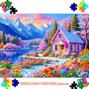 2000/1200/1000/500pcs Paper Jigsaw Puzzle for Adults - Vibrant Pink House Lake Mountain Floral Scene Premium Paper Challengin