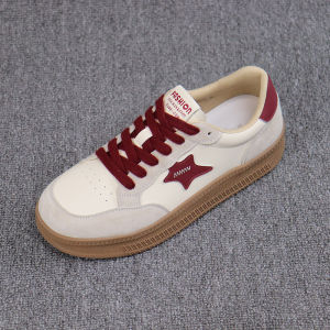 Red Yili Womens Casual Shoes Soft Bottom Leather Sports Sneakers Versatile White Shoes Spring 2025 Fashion Comfortable Flats