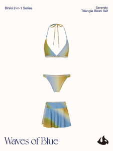 Waves of Blue Serenity Three-Piece Set Holiday Print Hot Spring Bikini Wrap Skirt Design V-Neck Nylon Spandex Womens Swimsuit