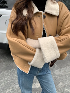 Womens Short Thickened Lamb Fur Jacket Biker Style Leather Coat Autumn Winter Clothes Small Size Winter Outfit Integrated Leather And Fur