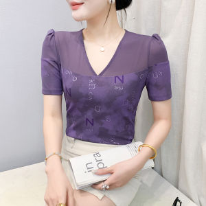 Yimei Áo Thun Tay Áo bong bóng cổ chữ V siêu nhỏ lưới trong suốt màu tím 2025 thời trang thường ngày áo in hình dập nóng Sản phẩm mới mùa hè cho nữ