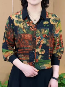 Spring 2026 Fashion Mommy Style Shirt Floral Print Long Sleeve Polo Collar Slimming Base Layer Top for Middle-Aged Women