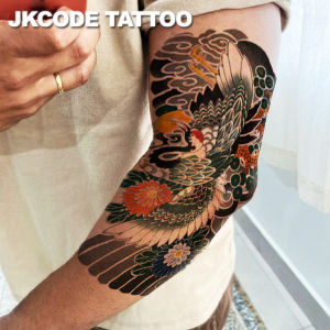 Oriental Crane Arm Tattoo-Black Green Ink Painting Red-Crowned Crane Armband Tattoo Sticker-Double Mens Mythical Pattern Temporary Tattoo for Hands and Back-Lasting 3-5 Days