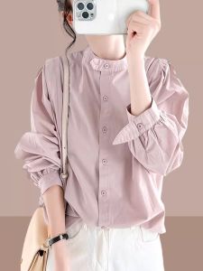 Áo Sơ Mi Dài Tay Phong Cách Ngọt Ngào Mùa Thu 2023 Áo Sơ Mi Cổ Cao Dáng Rộng Màu Trơn Tay Đèn Lồng Thời Trang Giảm Tuổi