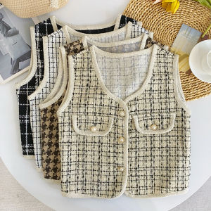2024 Autumn Winter Womens Short Sleeveless V-Neck Plaid Vest Top Layered Outerwear Retro Style Commute Fashion