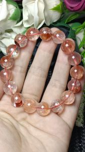 Premium Grade 100% Natural Hematoid  Quart - Multi-inclusions Crystal 12MM+/ 极品冰透体100%纯天然红胶花火焰红花片水晶手串 12MM+（天然鸩羽幽灵）