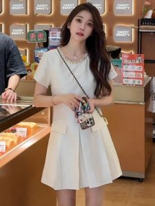 Summer Fashion Elegant Short Sleeve A-Line Dress Diamond Embellished Little Black Dress High Waist Short Skirt round Neckline