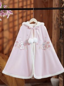 Thickened Fleece Christmas Shawl for Girls Windproof Winter Coat Childrens Hanfu Cloak Baby Windbreaker A100 Brand Cotton 100%