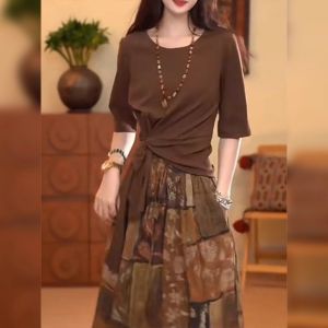 BINKAFENNY | Plus Size Womens Coffee Short Sleeve T-Shirt Asymmetrical Belt Design Slimming Meat Covering Summer Top Korean Style Loose Fit