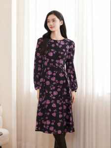 Koradior | Vintage Floral Print Long Sleeve Fitted Waist Dress